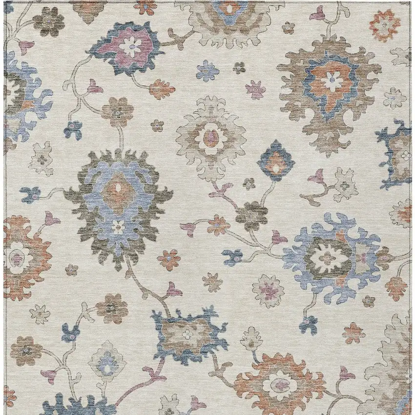 Ivory Brown And Blue Floral Washable Indoor Outdoor Area Rug Photo 8