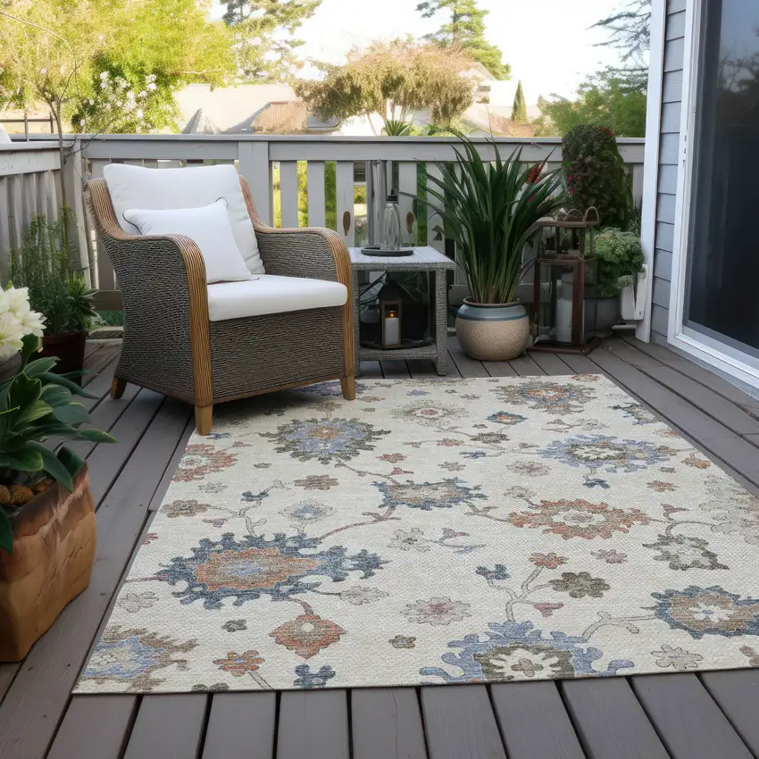 Ivory Brown And Blue Floral Washable Indoor Outdoor Area Rug Photo 9