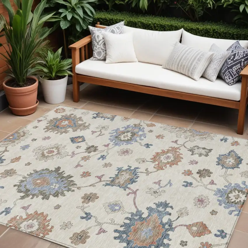 Ivory Brown And Blue Floral Washable Indoor Outdoor Area Rug Photo 1
