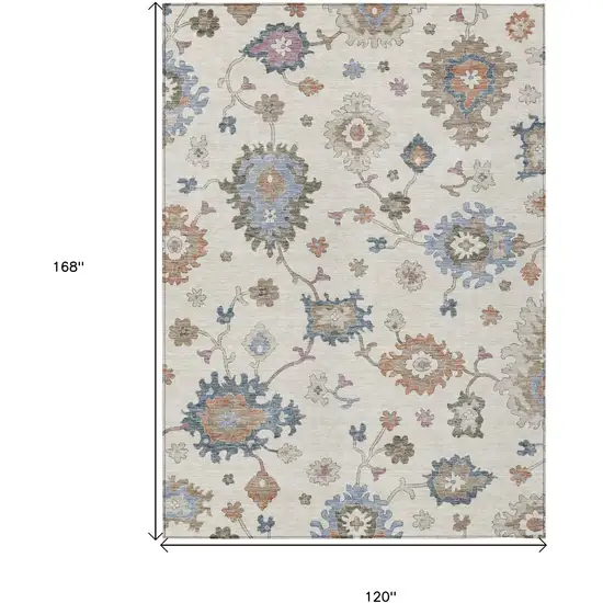Ivory Brown And Blue Floral Washable Indoor Outdoor Area Rug Photo 3