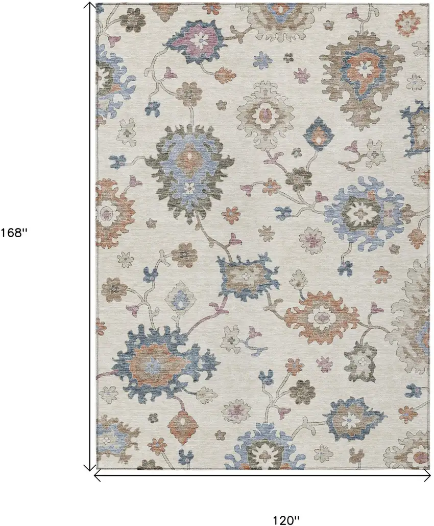 Ivory Brown And Blue Floral Washable Indoor Outdoor Area Rug Photo 3