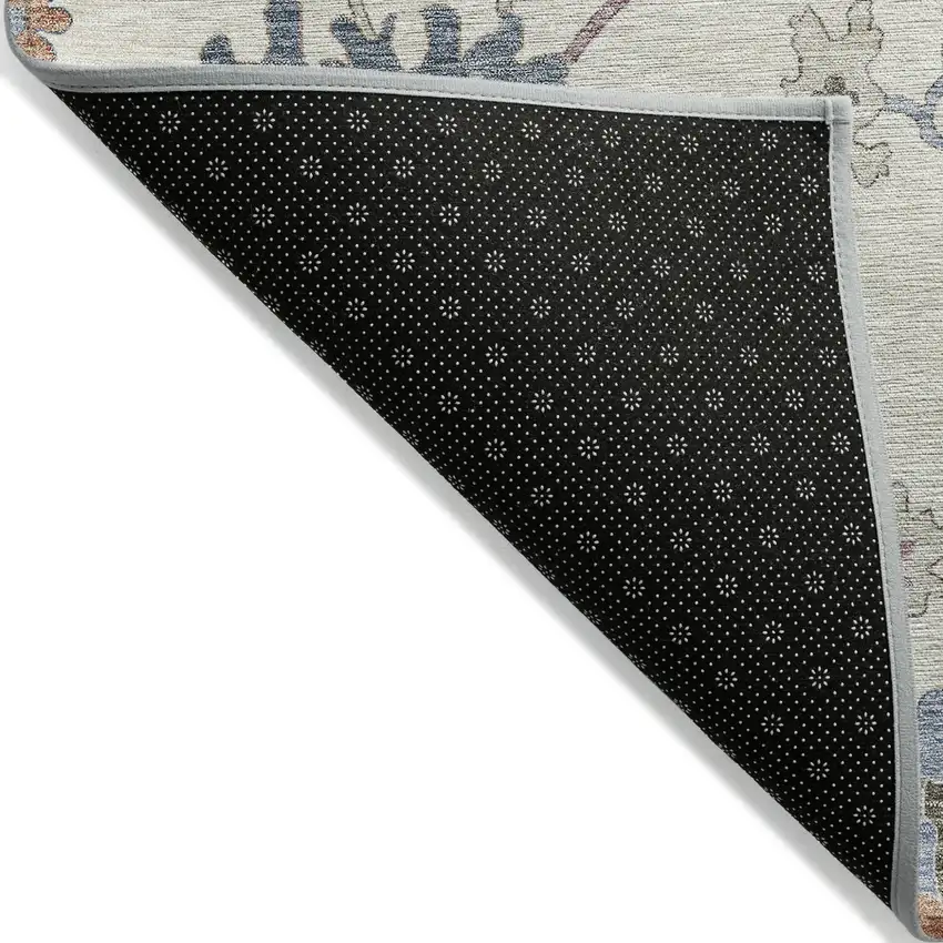 Ivory Brown And Blue Floral Washable Indoor Outdoor Area Rug Photo 4