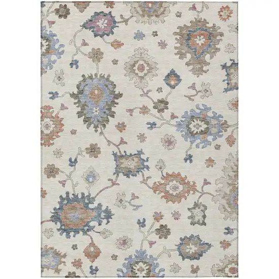 Ivory Brown And Blue Floral Washable Indoor Outdoor Area Rug Photo 2
