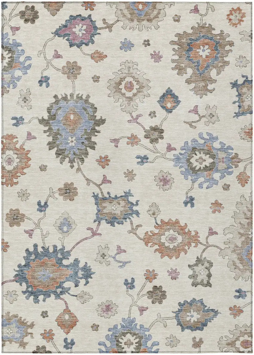 Ivory Brown And Blue Floral Washable Indoor Outdoor Area Rug Photo 2