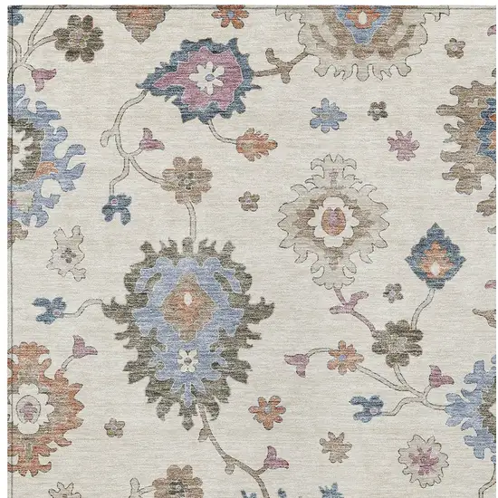 Ivory Brown And Blue Floral Washable Indoor Outdoor Area Rug Photo 7