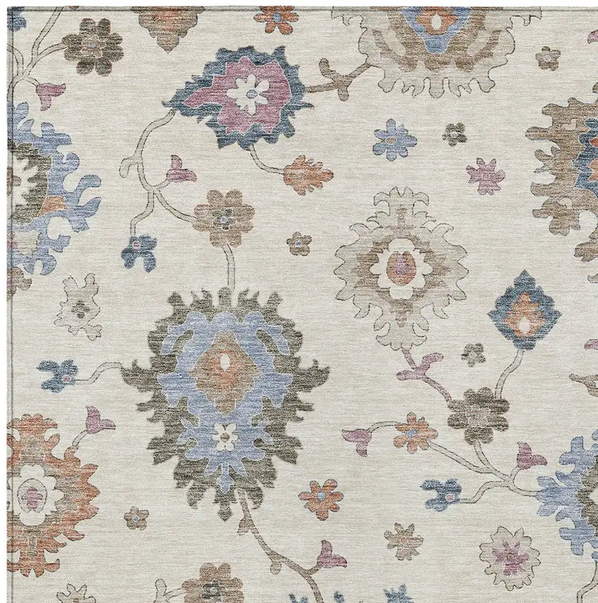 Ivory Brown And Blue Floral Washable Indoor Outdoor Area Rug Photo 7