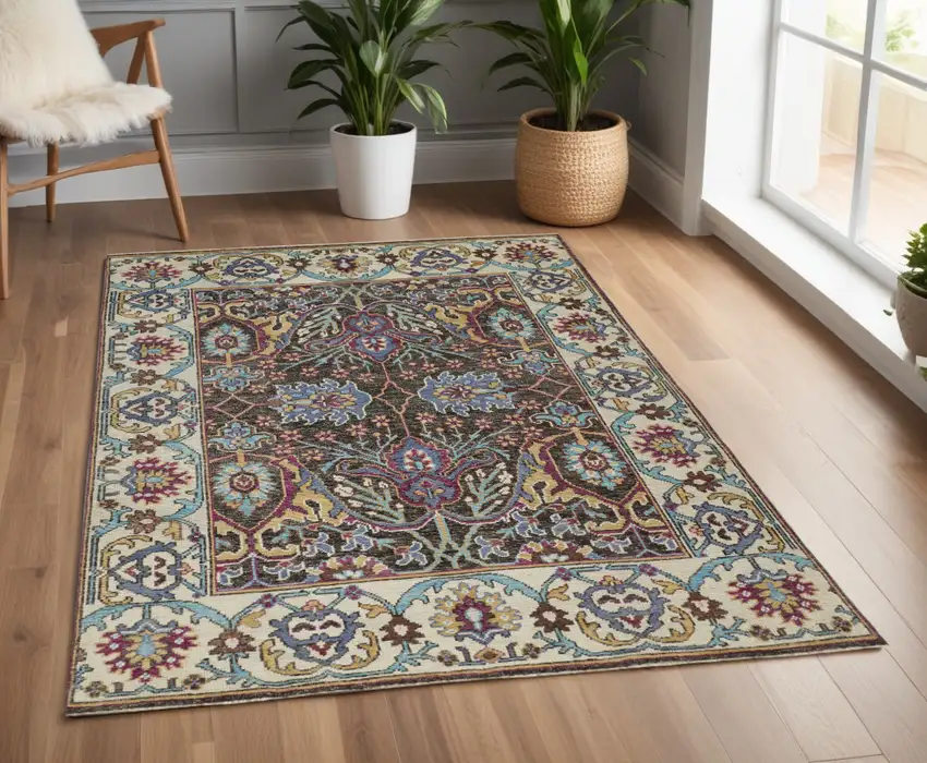 Ivory and Blue Wool Floral Hand Knotted Distressed Area Rug With Fringe Photo 1