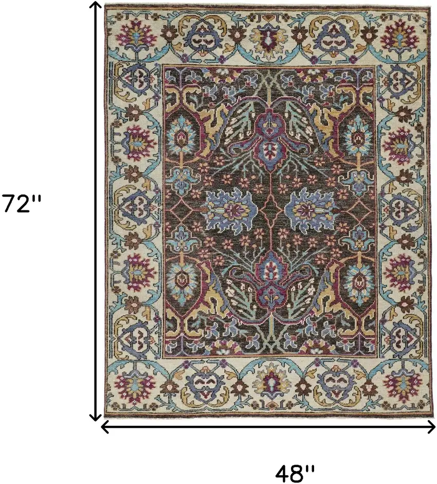 Ivory and Blue Wool Floral Hand Knotted Distressed Area Rug With Fringe Photo 3