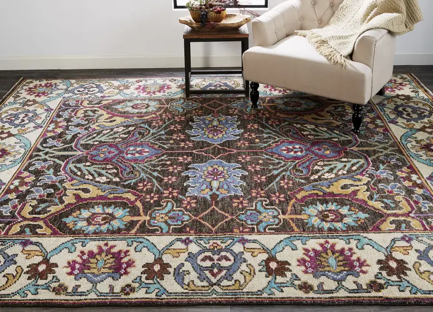 Ivory Brown And Blue Wool Floral Hand Knotted Distressed Stain Resistant Area Rug With Fringe Photo 9
