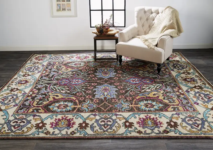 Ivory Brown And Blue Wool Floral Hand Knotted Distressed Stain Resistant Area Rug With Fringe Photo 7