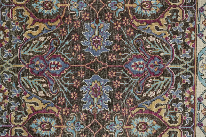 Ivory Brown And Blue Wool Floral Hand Knotted Distressed Stain Resistant Area Rug With Fringe Photo 6
