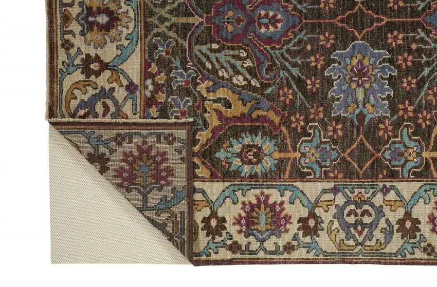 Ivory Brown And Blue Wool Floral Hand Knotted Distressed Stain Resistant Area Rug With Fringe Photo 5