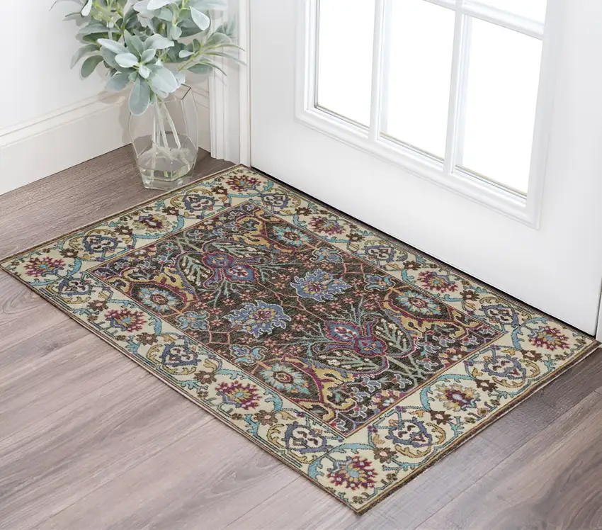Ivory and Blue Wool Floral Hand Knotted Distressed Area Rug With Fringe Photo 1