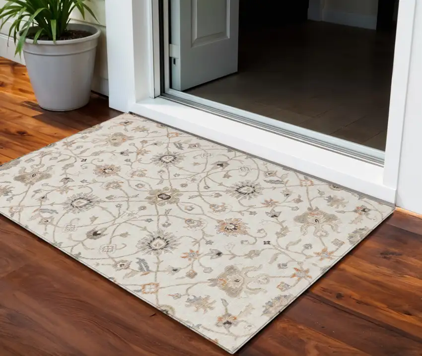 Ivory Brown And Coral Floral Washable Indoor Outdoor Area Rug Photo 1