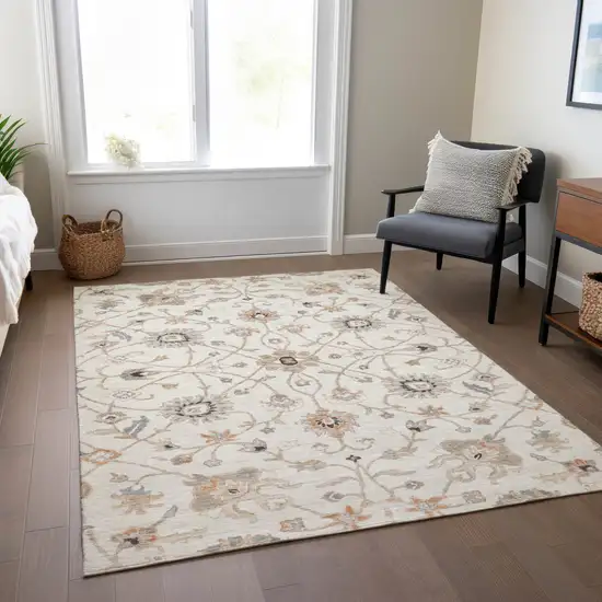 Ivory Brown And Coral Floral Washable Indoor Outdoor Area Rug Photo 9
