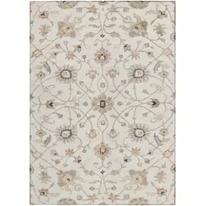 Photo of Ivory Brown And Coral Floral Washable Indoor Outdoor Area Rug