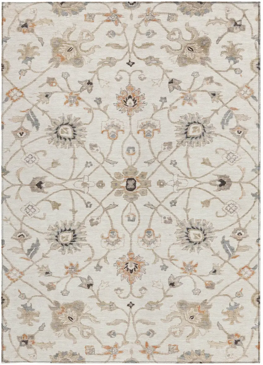 Ivory Brown And Coral Floral Washable Indoor Outdoor Area Rug Photo 6