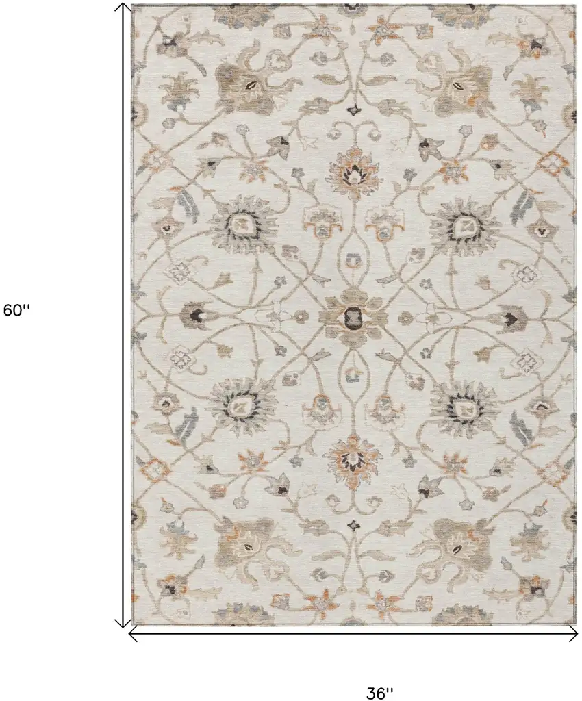 Ivory Brown And Coral Floral Washable Indoor Outdoor Area Rug Photo 7