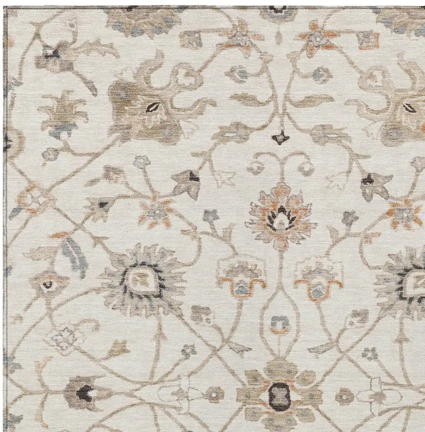 Ivory Brown And Coral Floral Washable Indoor Outdoor Area Rug Photo 6