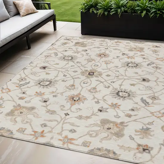 Ivory Brown And Coral Floral Washable Indoor Outdoor Area Rug Photo 1
