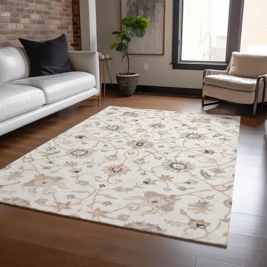 Ivory Brown And Coral Floral Washable Indoor Outdoor Area Rug Photo 9