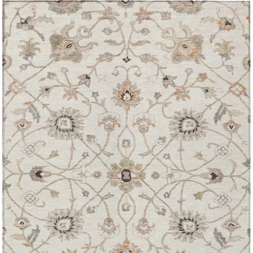 Ivory Brown And Coral Floral Washable Indoor Outdoor Area Rug Photo 7