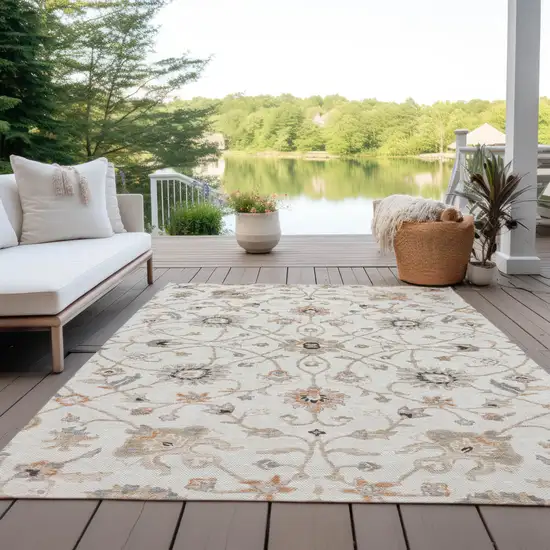 Ivory Brown And Coral Floral Washable Indoor Outdoor Area Rug Photo 8