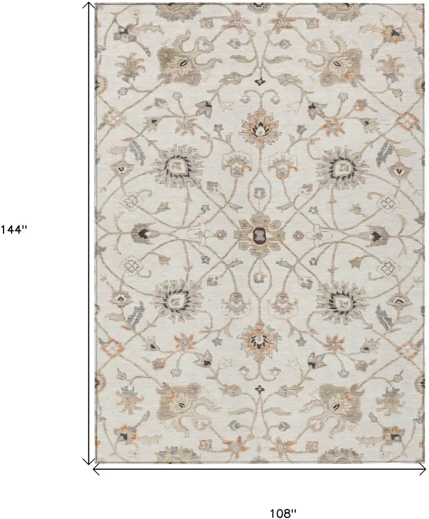 Ivory Brown And Coral Floral Washable Indoor Outdoor Area Rug Photo 8