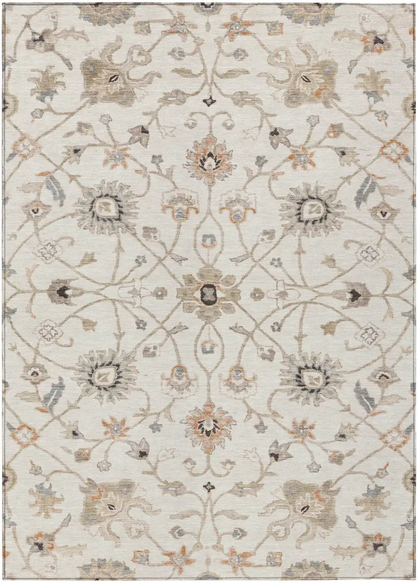 Ivory Brown And Coral Floral Washable Indoor Outdoor Area Rug Photo 2