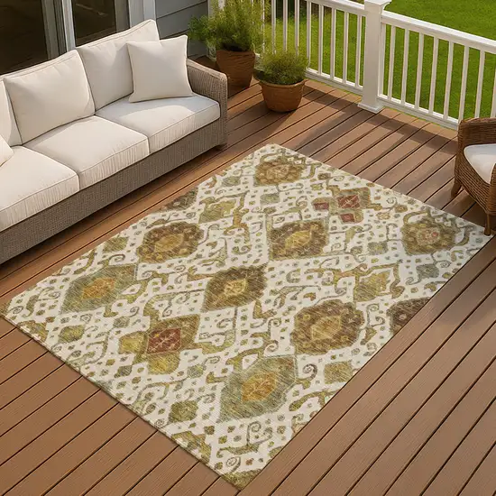Ivory Brown And Gold Ikat Washable Indoor Outdoor Area Rug Photo 7