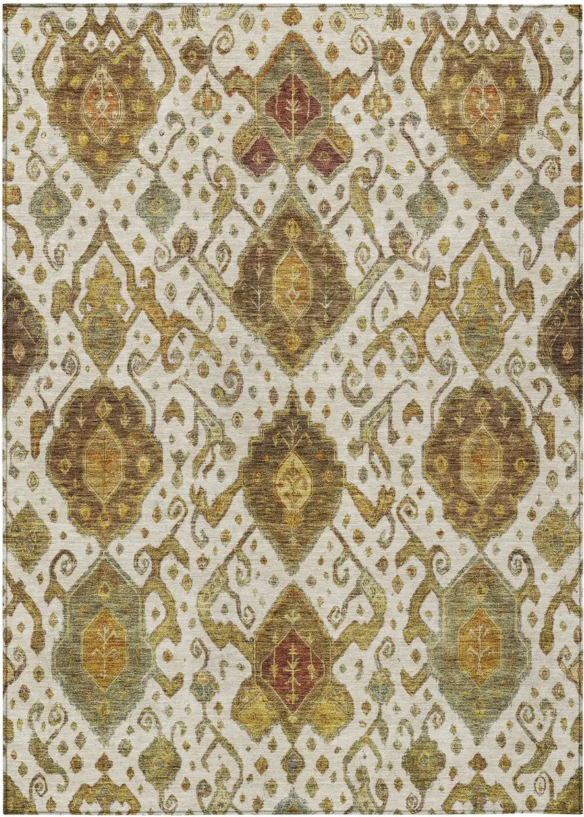 Ivory Brown And Gold Ikat Washable Indoor Outdoor Area Rug Photo 2