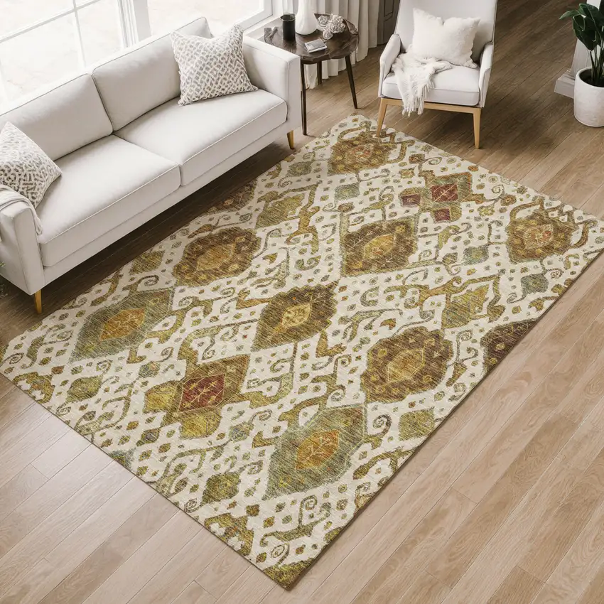 Ivory Brown And Gold Ikat Washable Indoor Outdoor Area Rug Photo 8