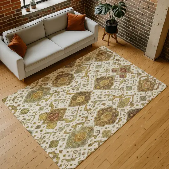 Ivory Brown And Gold Ikat Washable Indoor Outdoor Area Rug Photo 9