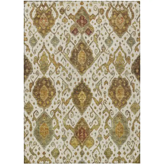 Ivory Brown And Gold Ikat Washable Indoor Outdoor Area Rug Photo 2