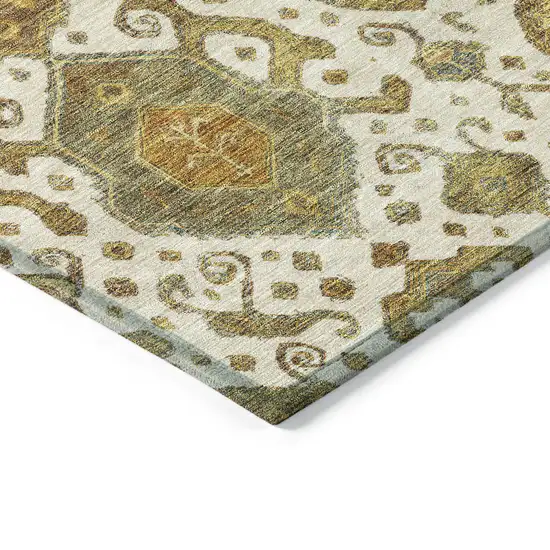 Ivory Brown And Gold Ikat Washable Indoor Outdoor Area Rug Photo 6