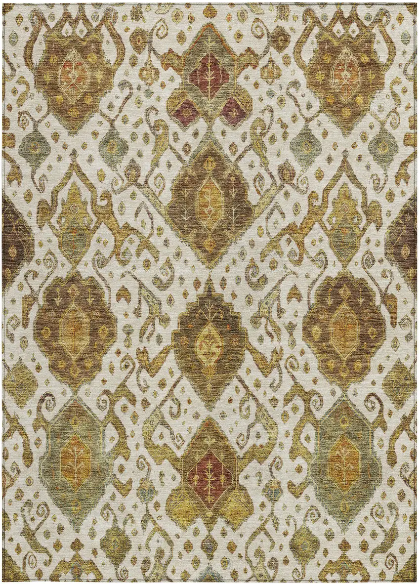 Ivory Brown And Gold Ikat Washable Indoor Outdoor Area Rug Photo 4