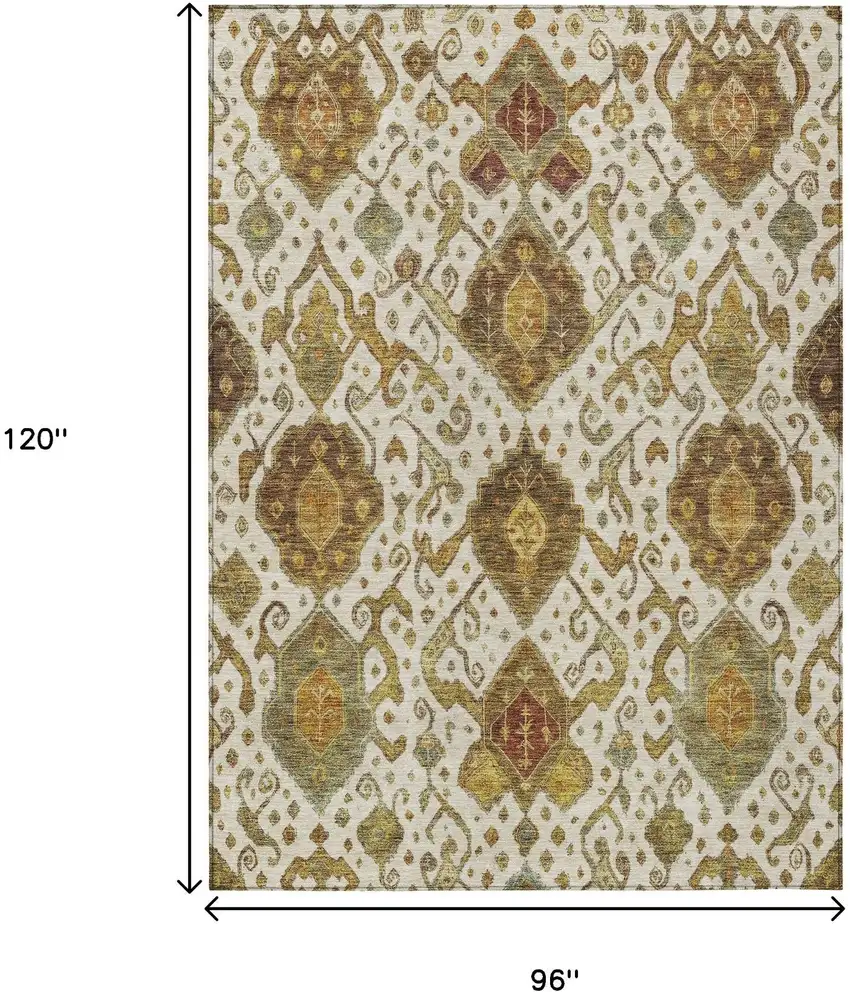 Ivory Brown And Gold Ikat Washable Indoor Outdoor Area Rug Photo 3