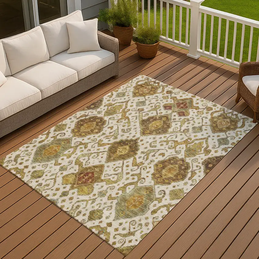 Ivory Brown And Gold Ikat Washable Indoor Outdoor Area Rug Photo 7