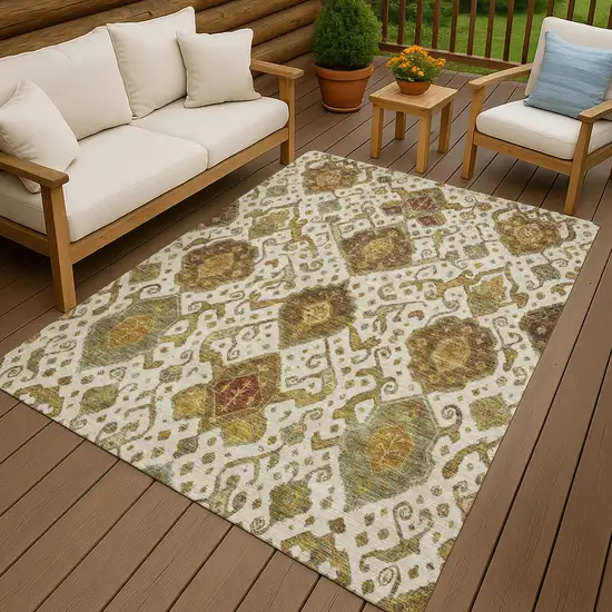 Ivory Brown And Gold Ikat Washable Indoor Outdoor Area Rug Photo 9