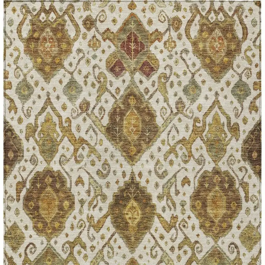Ivory Brown And Gold Ikat Washable Indoor Outdoor Area Rug Photo 6
