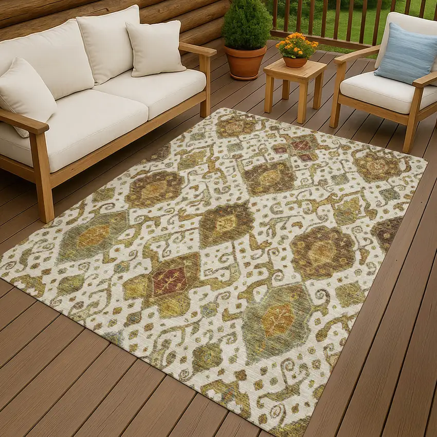 Ivory Brown And Gold Ikat Washable Indoor Outdoor Area Rug Photo 9