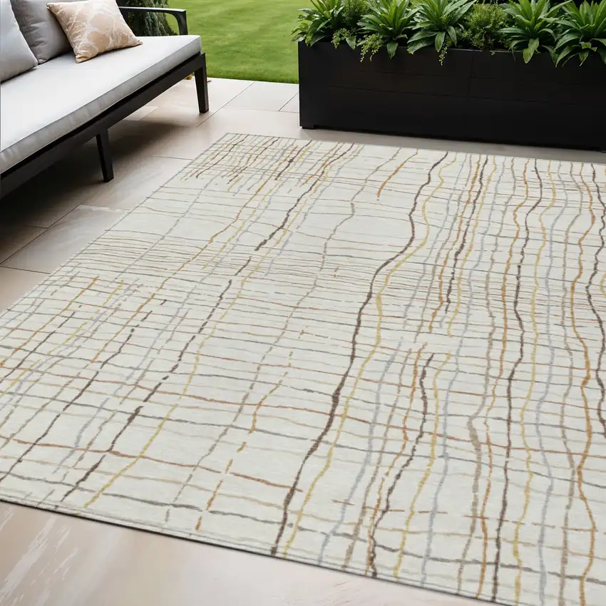 Ivory Brown And Gold Striped Washable Indoor Outdoor Area Rug Photo 1