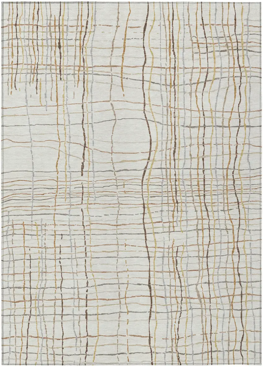 Ivory Brown And Gold Striped Washable Indoor Outdoor Area Rug Photo 2