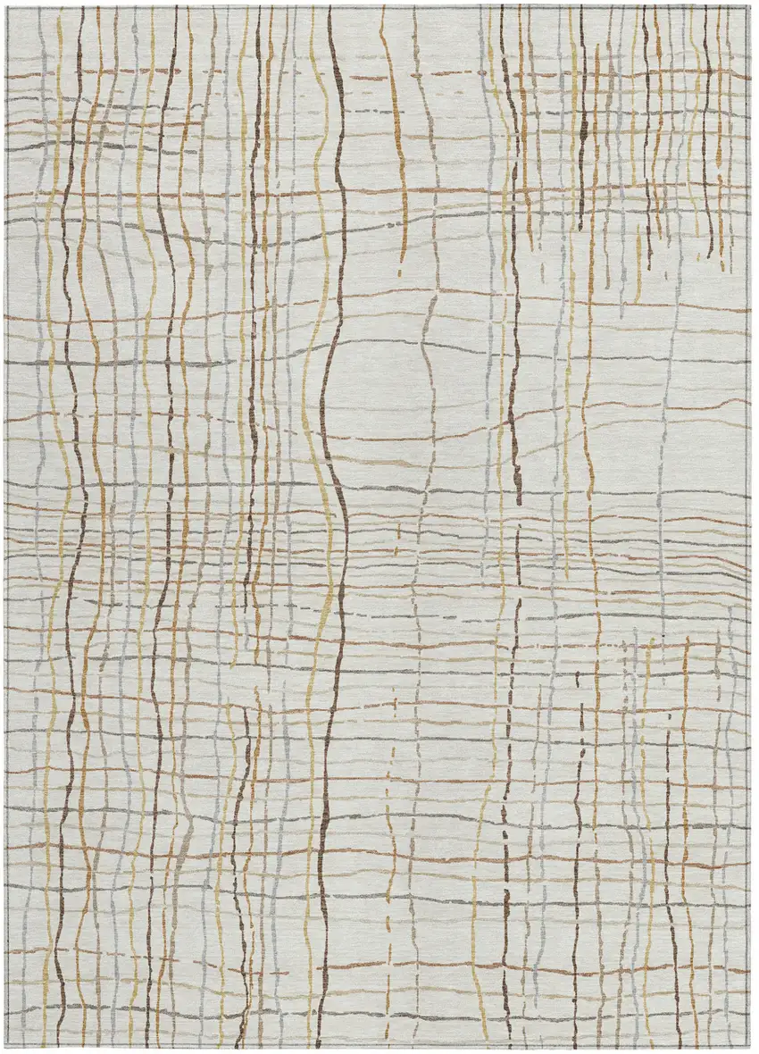 Ivory Brown And Gold Striped Washable Indoor Outdoor Area Rug Photo 6