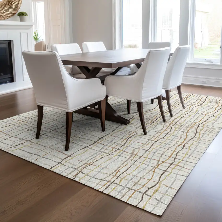 Ivory Brown And Gold Striped Washable Indoor Outdoor Area Rug Photo 9