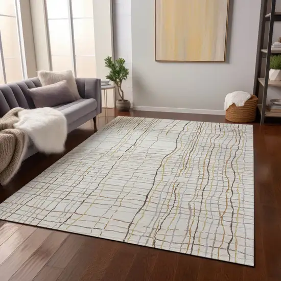 Ivory Brown And Gold Striped Washable Indoor Outdoor Area Rug Photo 8