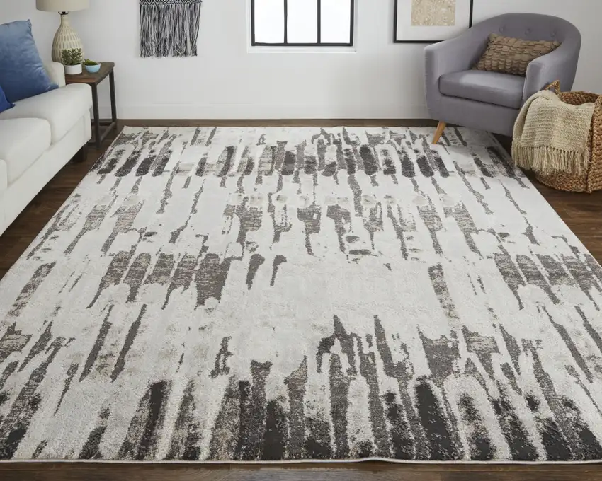 Ivory Brown And Gray Abstract Power Loom Stain Resistant Area Rug Photo 5