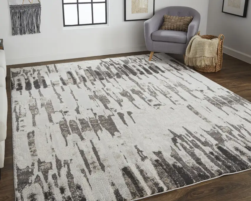 Ivory Brown And Gray Abstract Power Loom Stain Resistant Area Rug Photo 6