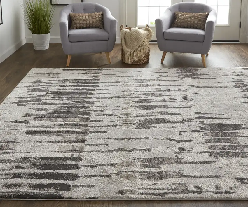 Ivory Brown And Gray Abstract Power Loom Stain Resistant Area Rug Photo 7