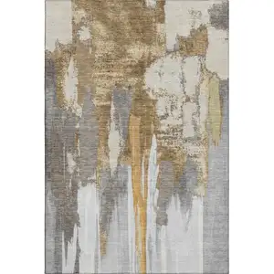 Photo of Ivory Brown And Gray Abstract Washable Area Rug With UV Protection